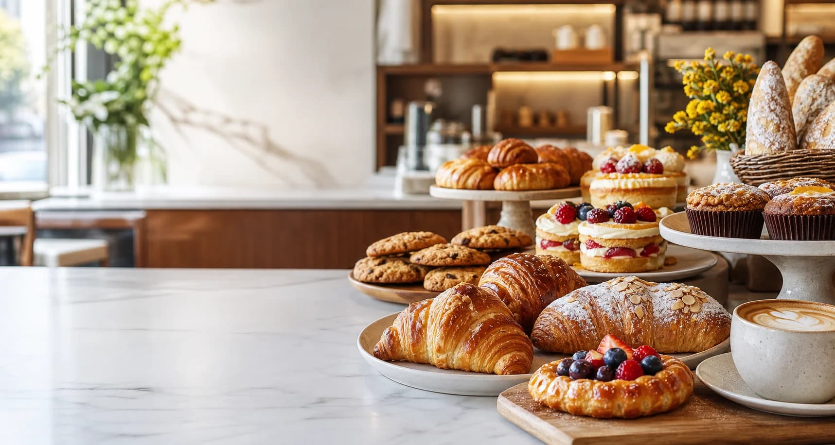 Premium Taste d'Lite bakery spread with pastries, coffee, cakes, and snacks